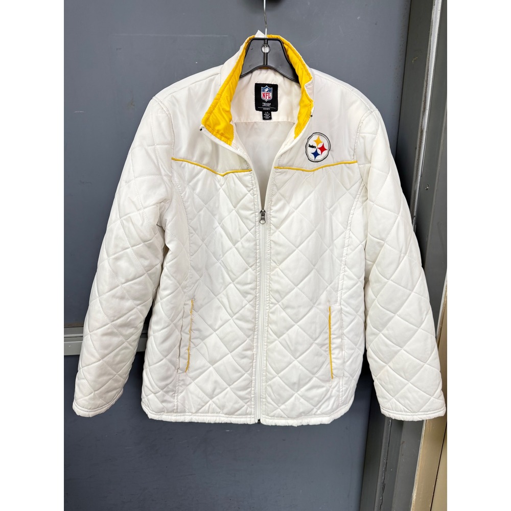 NFL Team Apparel Pittsburgh Steelers Women White Quilted Full Zip Jacket Large